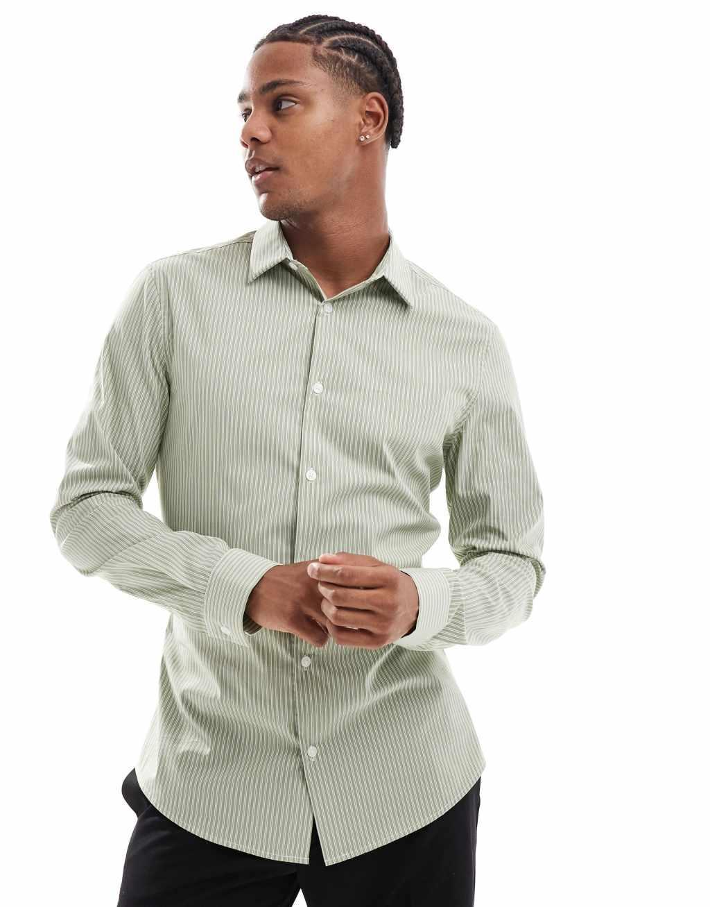 ASOS DESIGN skinny stripe shirt in khaki Product Image