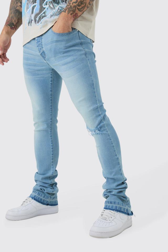 Skinny Stacked Flared Jeans With Knee Rip | boohooMAN USA Product Image