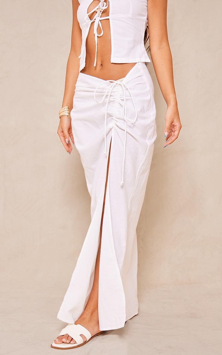 White Linen Ruched Maxi Skirt Product Image