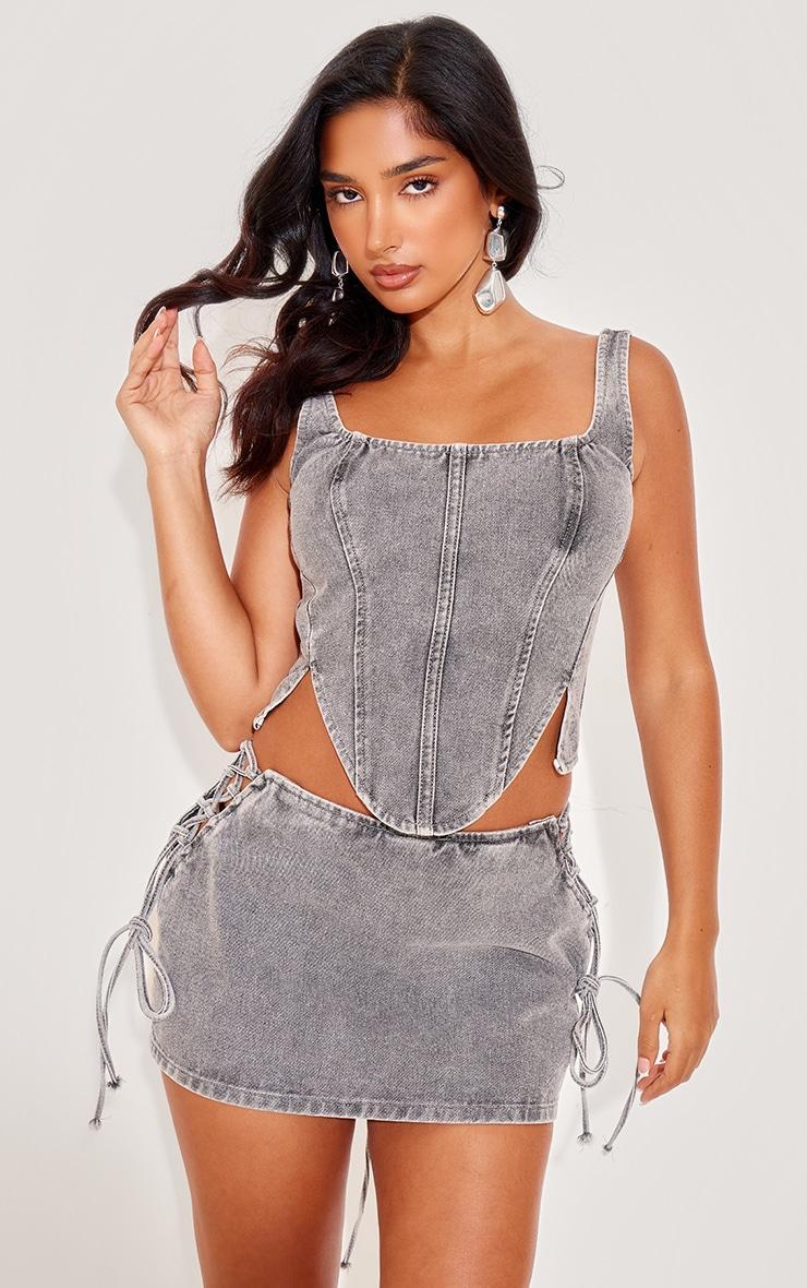 Petite Light Grey Denim Lace Up Corset Top product image