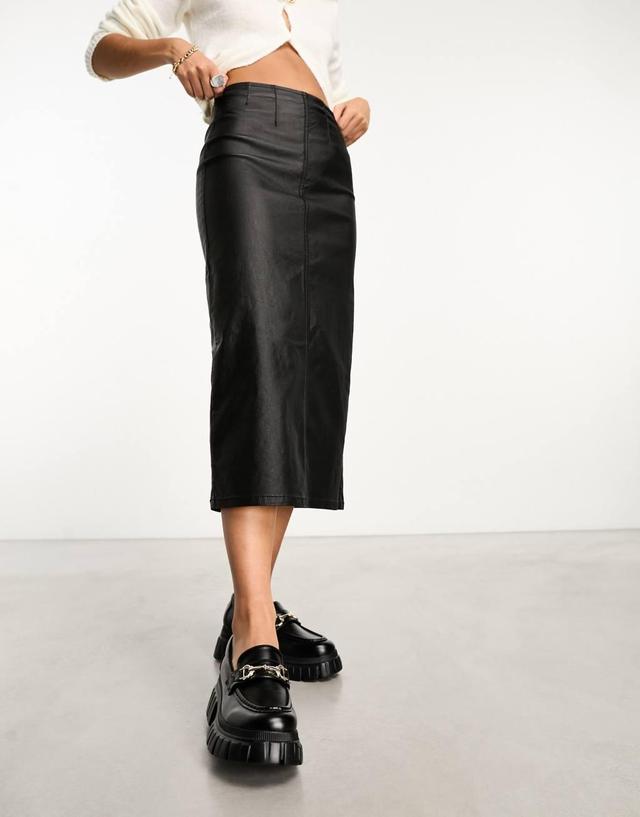 Stradivarius seamed detail coated denim midi skirt in black Product Image