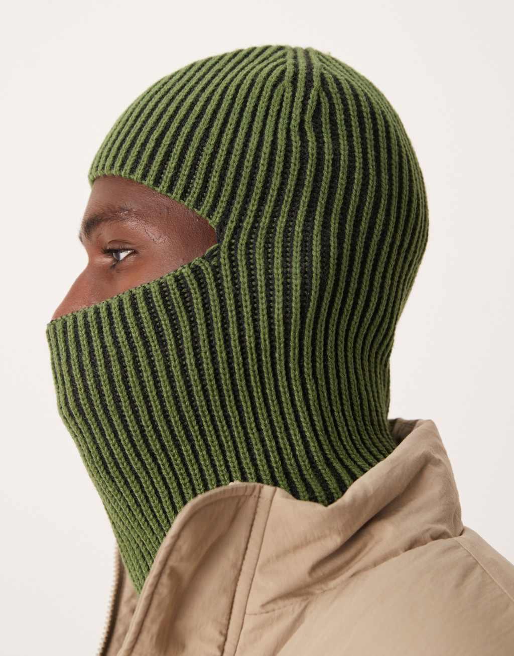 ASOS DESIGN ribbed balaclava in khaki Product Image