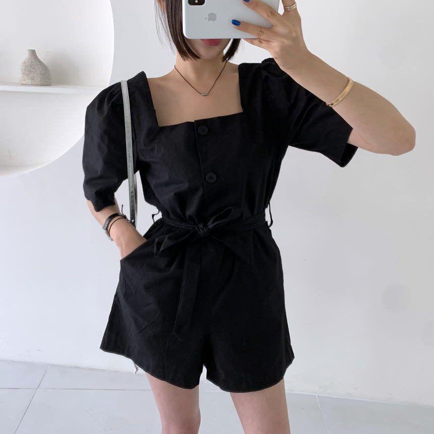 Short-Sleeve Square Neck Plain Romper Product Image