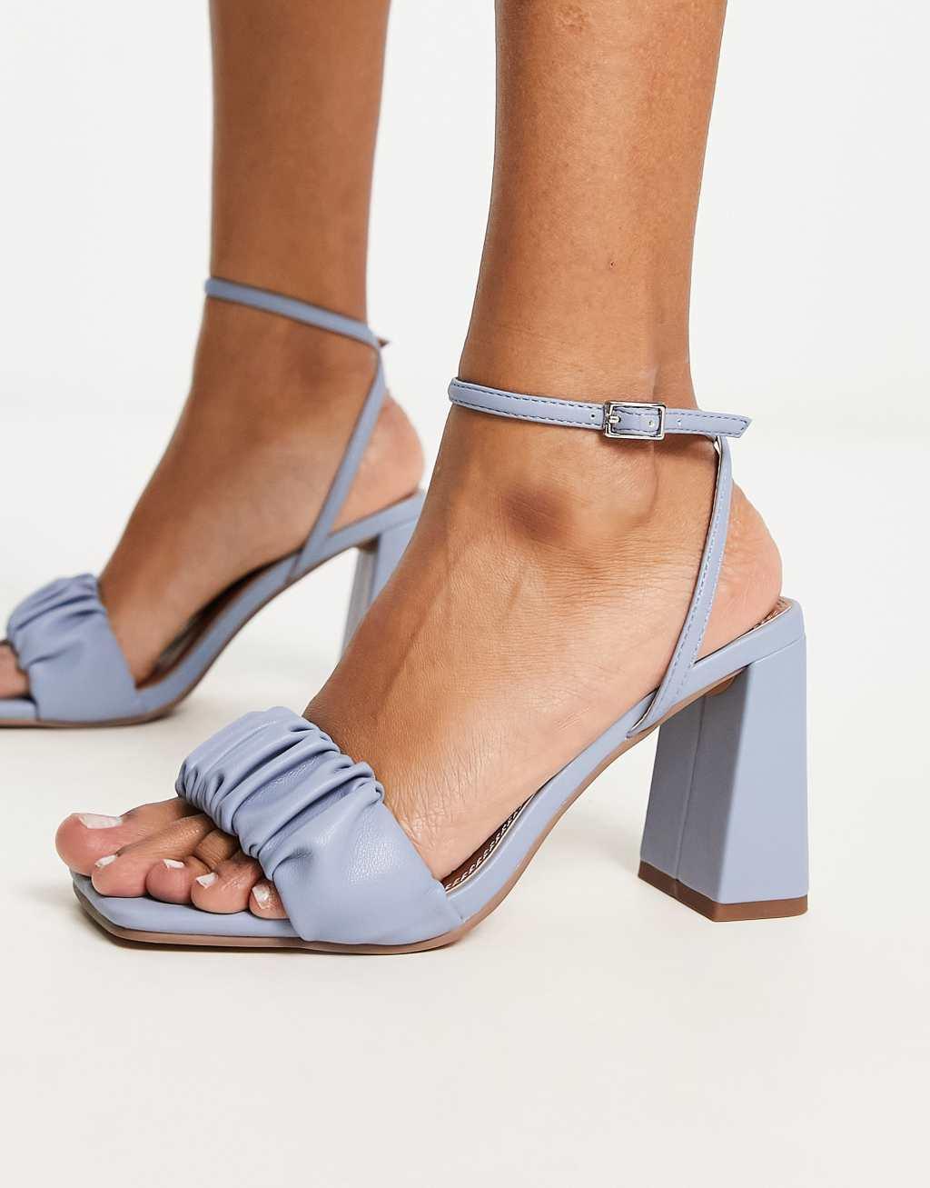 ASOS DESIGN Halo ruched detail mid heeled sandals in blue Product Image