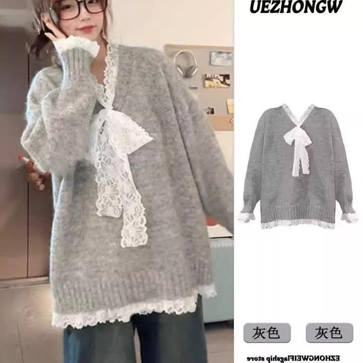 V-Neck Plain Bow Lace Trim Oversized Sweater Product Image