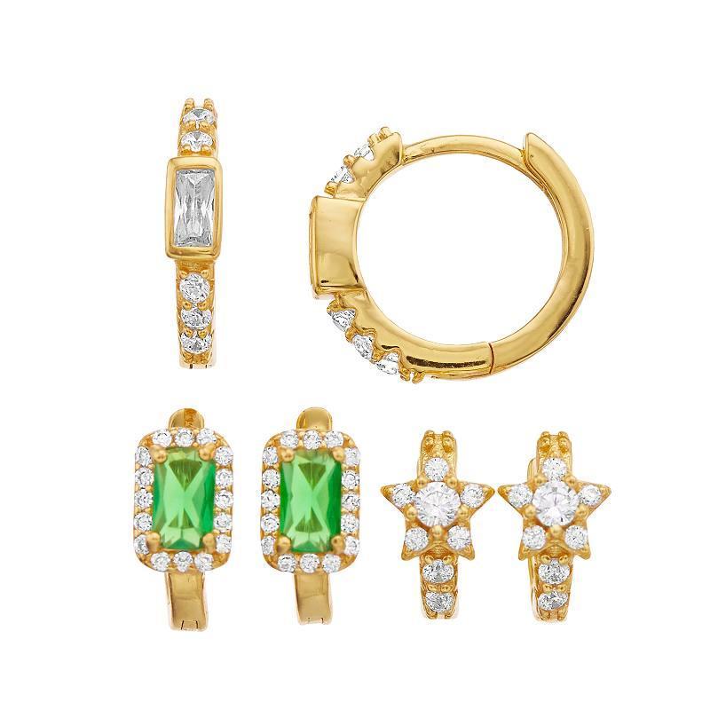 14k Gold Over Silver Green & White Cubic Zirconia Halo Star 3-Pair Hoop Earring Set, Mens, Gold Tone Product Image