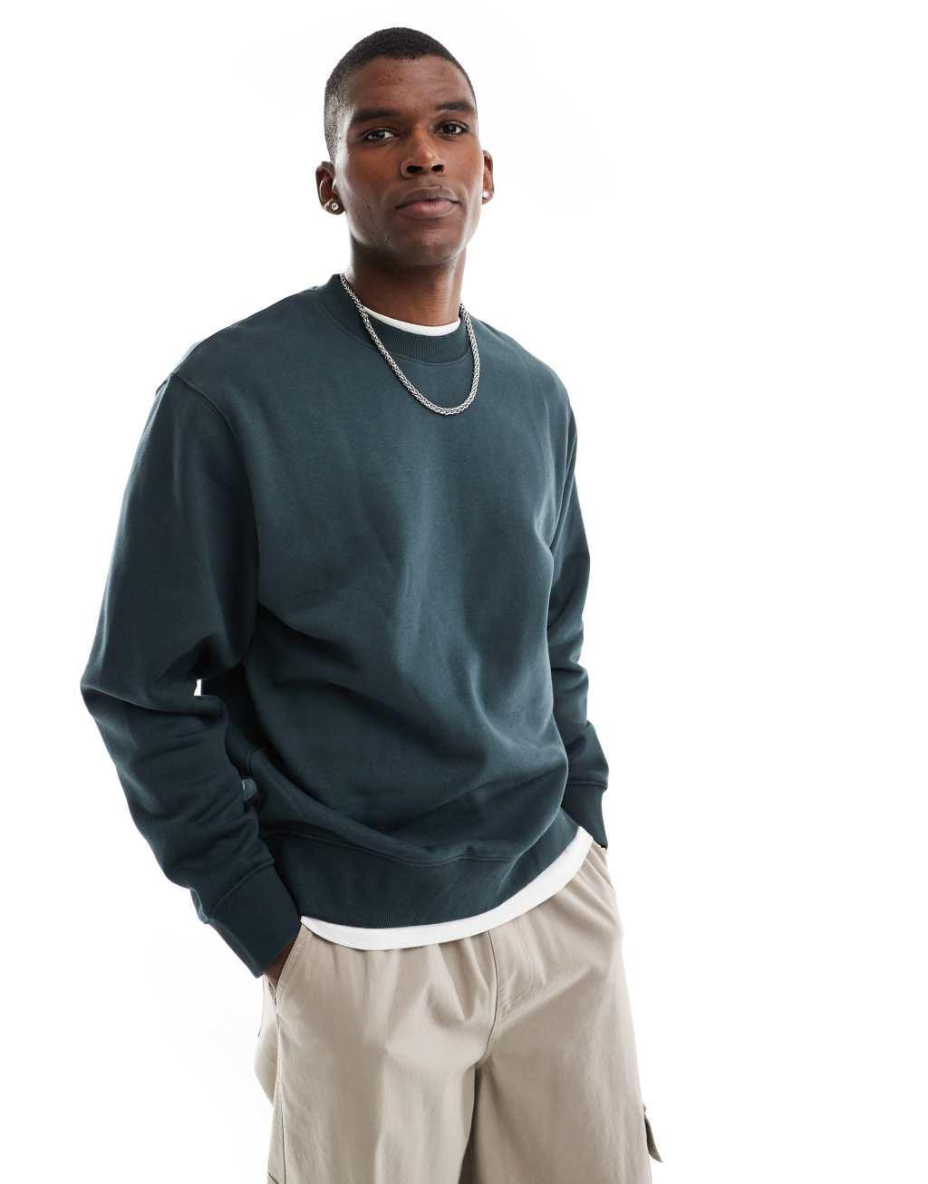 Jack & Jones oversized heavy weight crew neck sweatshirt in dark green Product Image