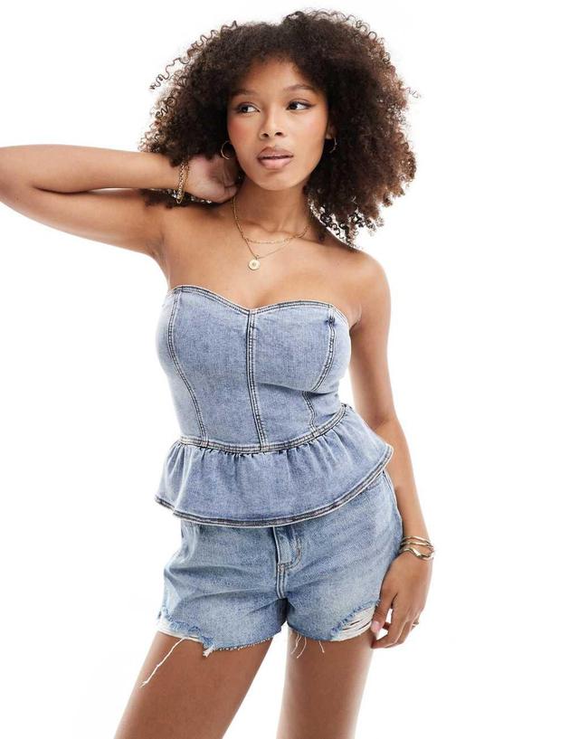 Miss Selfridge denim peplum bandeau top in bleach wash Product Image