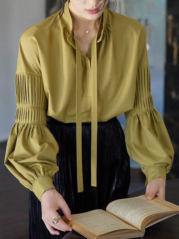 Long Sleeves Loose Pleated Solid Color Tied Mock Neck Blouses&Shirts Tops Product Image