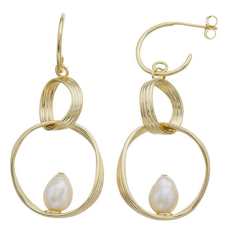 14k Gold-Plated Silver with Baroque Cultured Freshwater Pearl Double Drop Half-Hoop Earrings, Womens, Yellow Product Image