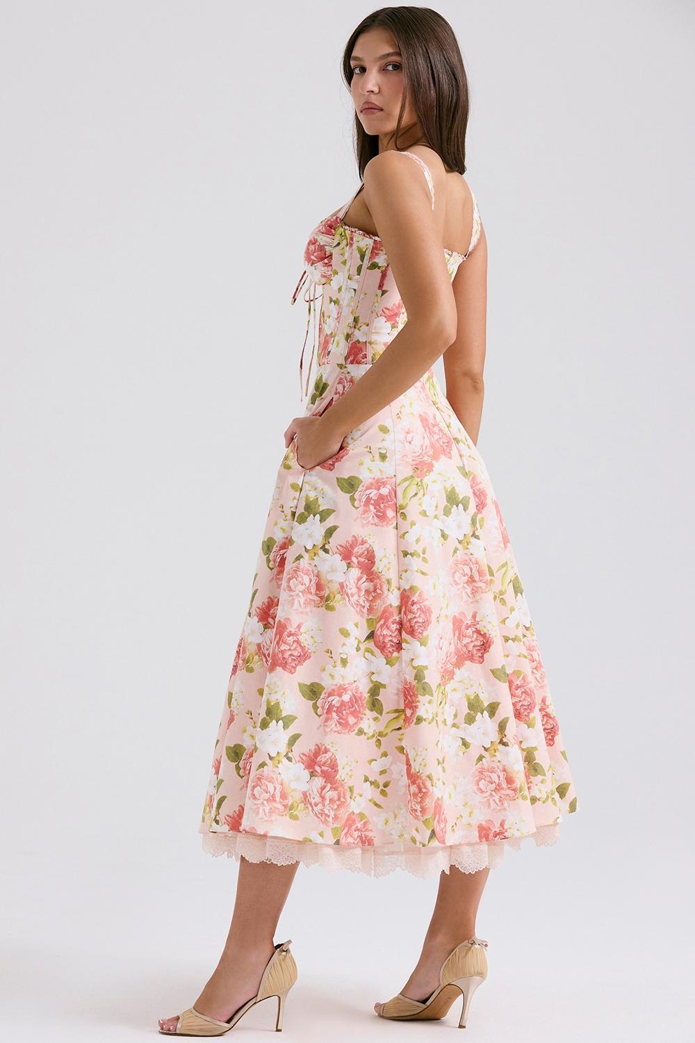 Rosalee Pink Peony Print Cotton Bustier Sundress Product Image