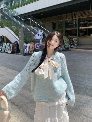 Tie-Neck Plain Pointelle Knit Sweater Product Image