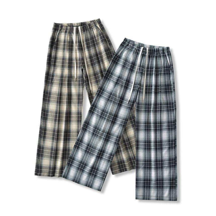 Drawstring Waist Plaid Wide Leg Pants Product Image