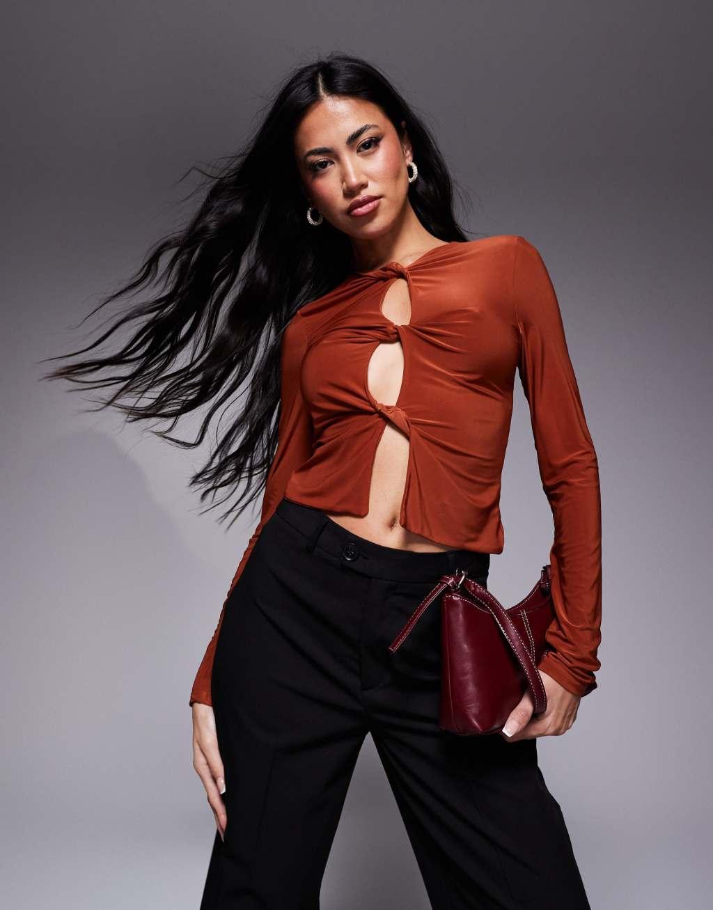 ASOS DESIGN slinky twist front long sleeve top in rust Product Image