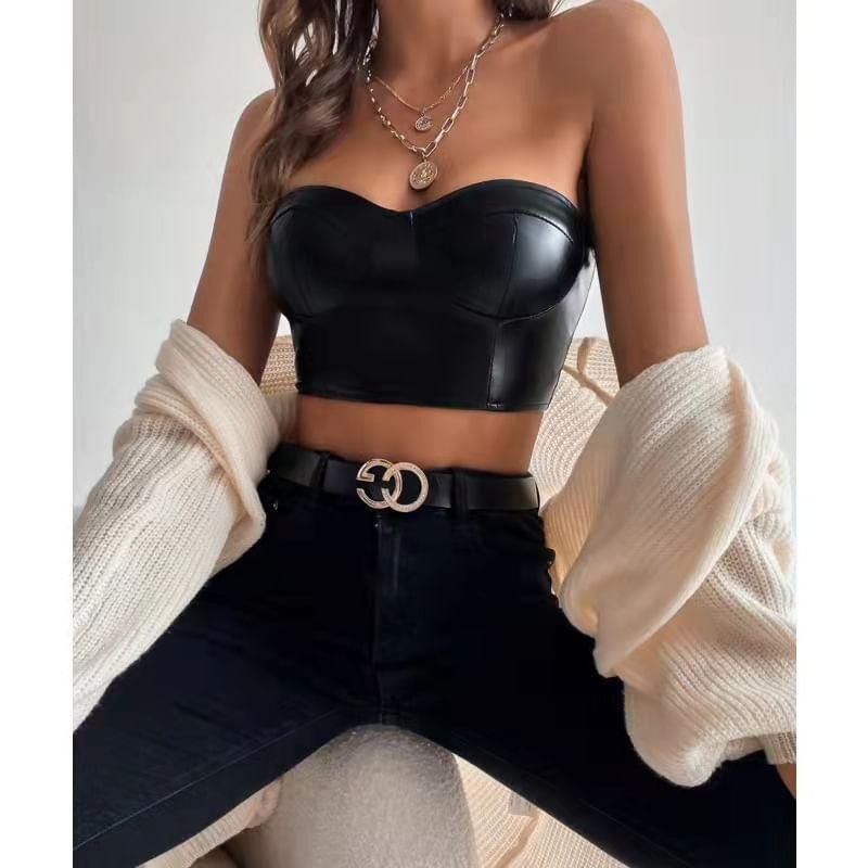 Plain Faux Leather Crop Tube Top Product Image