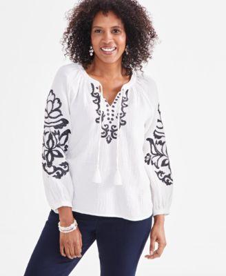 Style & Co Womens Split-Neck Long-Sleeve Embroidery Peasant Blouse, Created for Macys Product Image