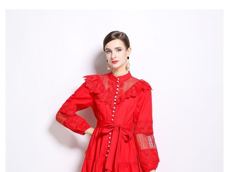 Long Sleeve Band Collar Plain Ruffle Faux Pearl Button Tie-Waist Panel Lace Midi A-Line Dress Product Image