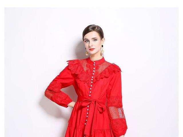 Long Sleeve Band Collar Plain Ruffle Faux Pearl Button Tie-Waist Panel Lace Midi A-Line Dress Product Image