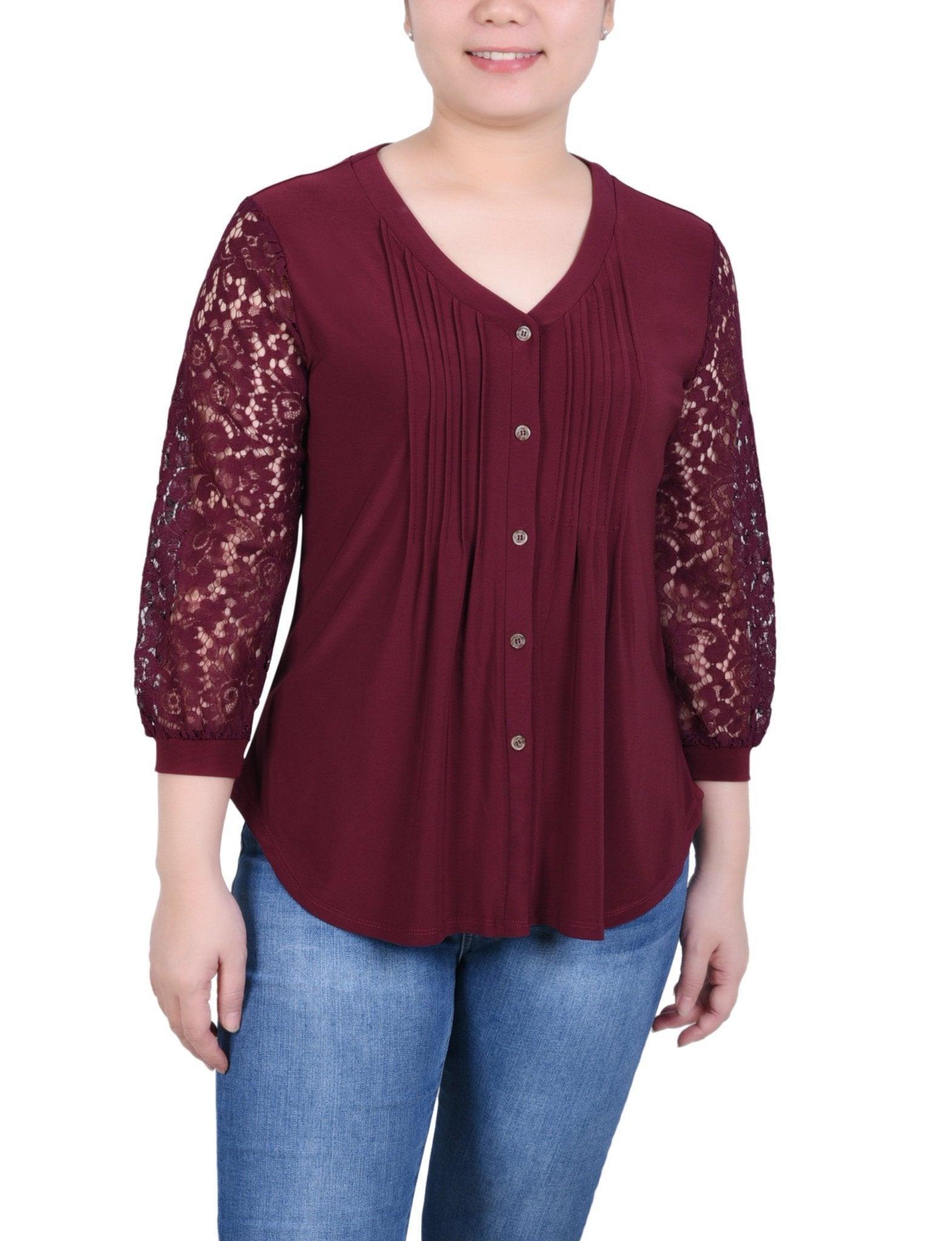 Lace-Sleeve V Neck Top - Petite Product Image