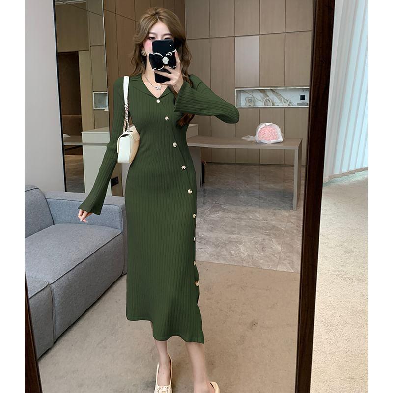 Long-Sleeve Lapel Collar Plain Button-Up Slit Midi Sheath Knit Dress Product Image