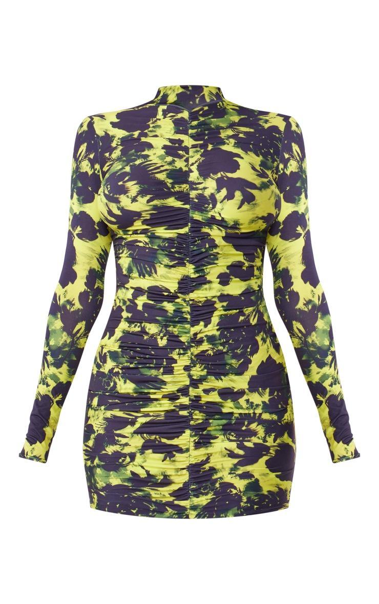 Multi Printed Slinky High Neck Ruched Long Sleeve Bodycon Dress Product Image