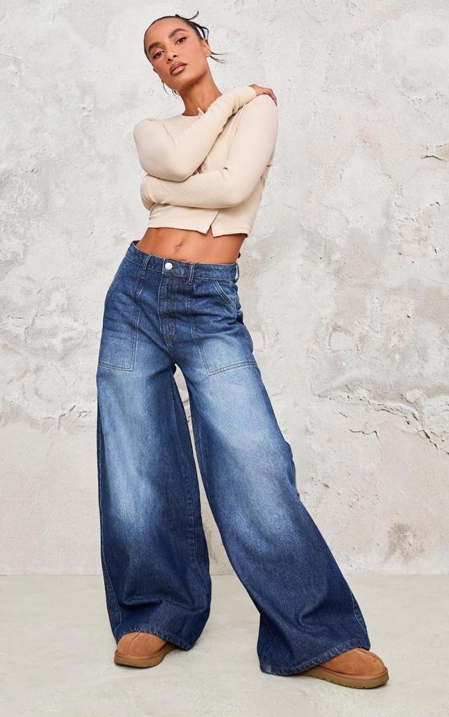 Mid Blue Wash Mid Rise Wide Leg Jeans Product Image