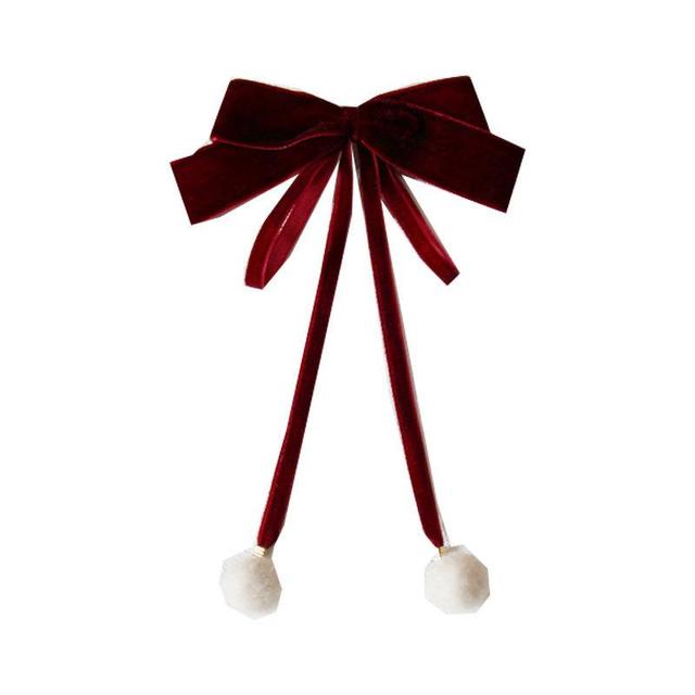 Velvet Ribbon Bow & Pompom Hair Clip Product Image