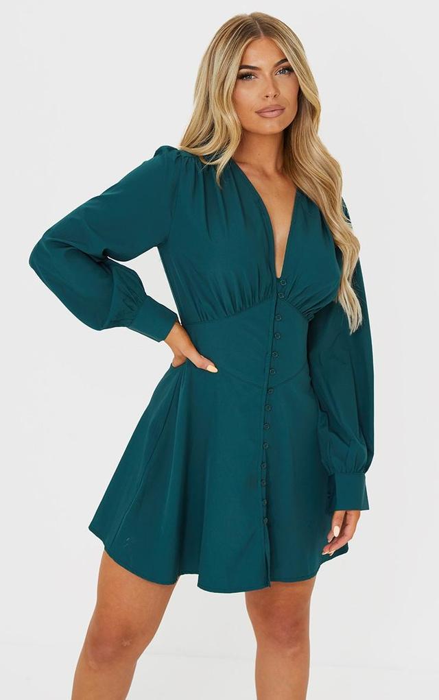 Emerald Green Button Down Waist Detail Shift Dress Product Image