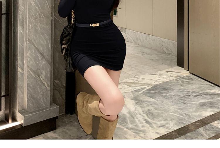 Long-Sleeve Crewneck Plain Mini Bodycon Dress Product Image