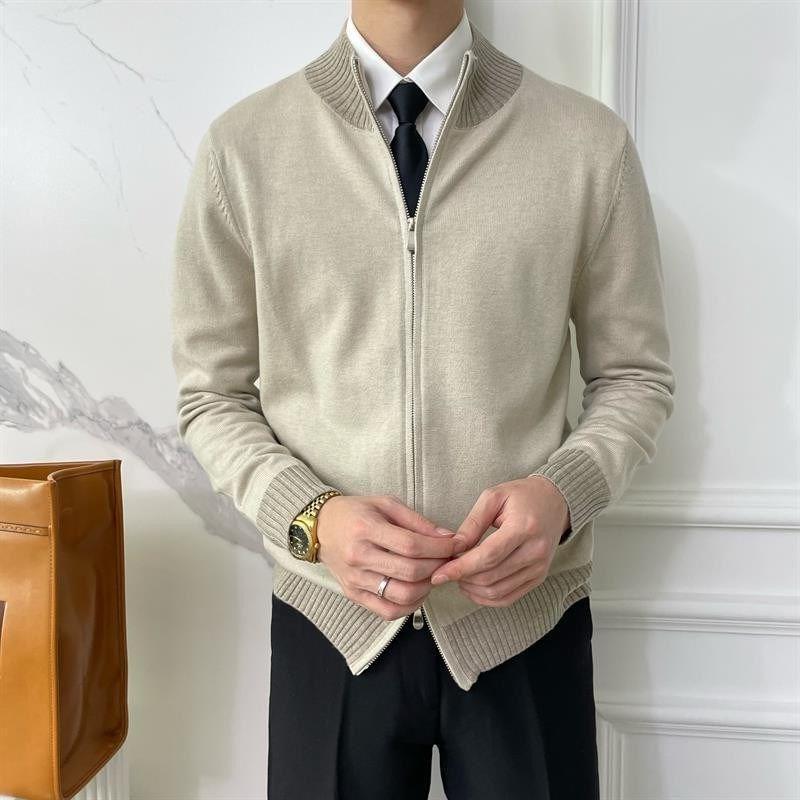 Stand Collar Contrast Trim Zip-Up Cardigan Product Image