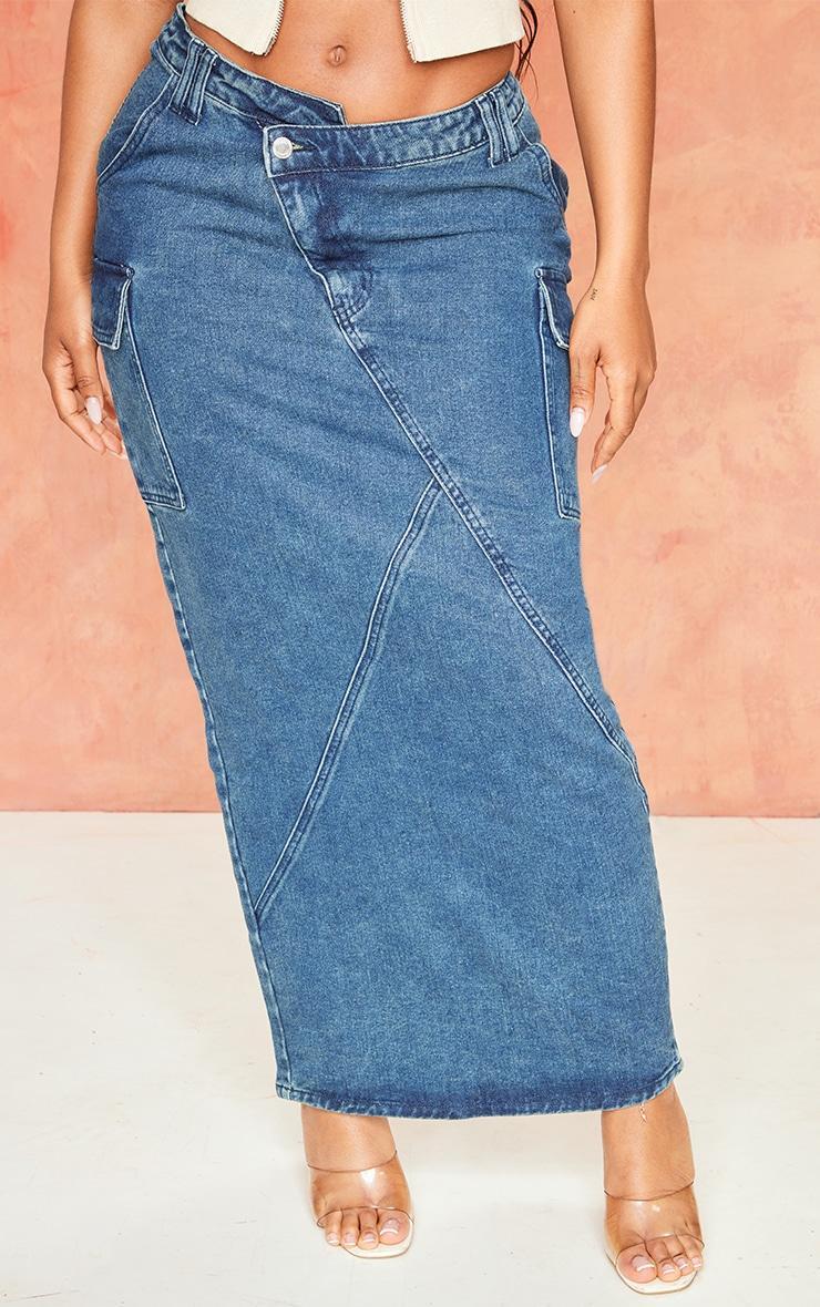 Shape Indigo Vintage Wash Asymmetric Seam Denim Maxi Skirt Product Image