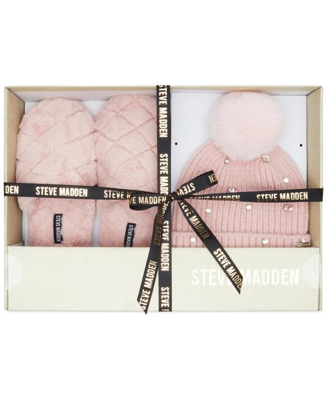 Steve Madden Womens 2-Pc. Embellished Beanie & Faux-Fur Slippers Boxed Gift Set Product Image