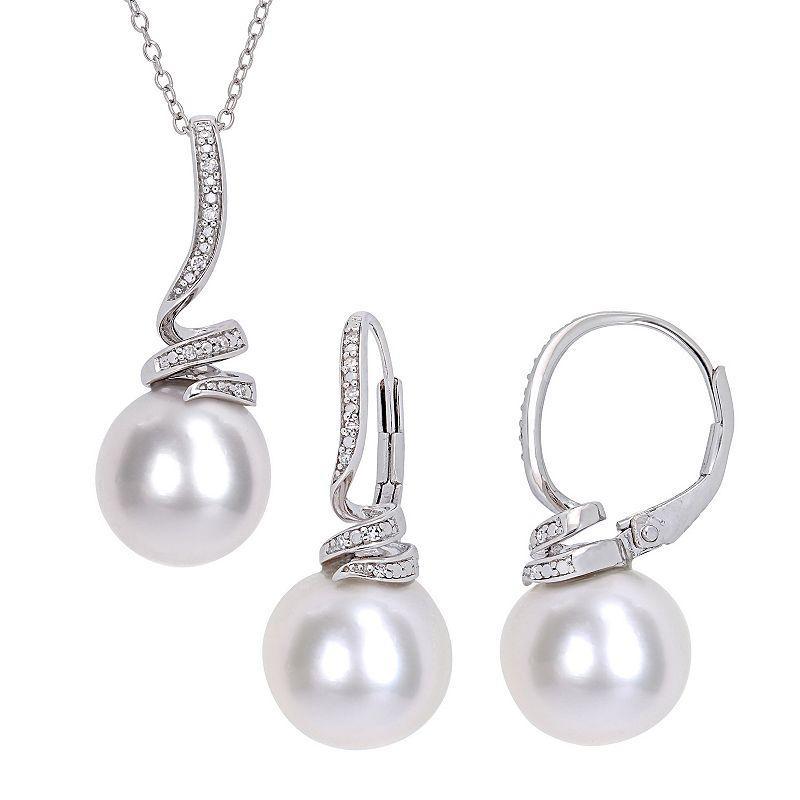 Stella Grace Freshwater Cultured Pearl & Diamond Accent Necklace & Earring Set, Womens White Product Image