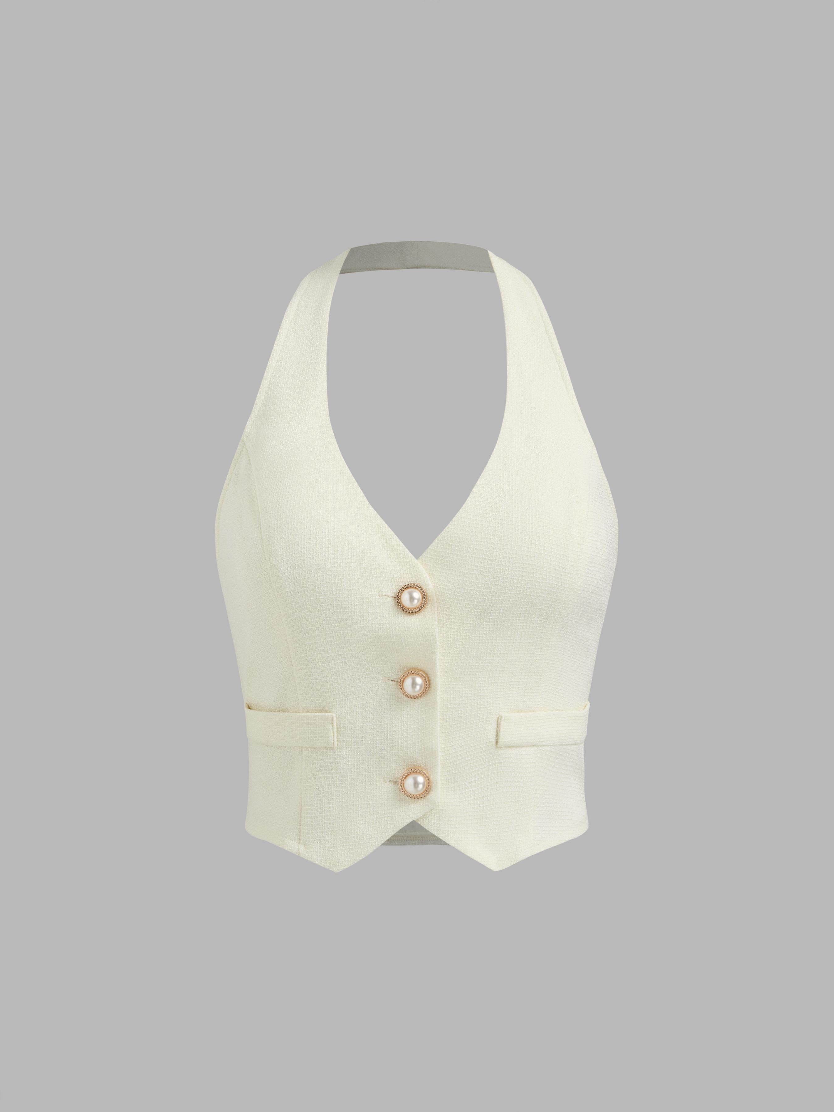 Woven Halter Pearl Button Crop Vest Product Image