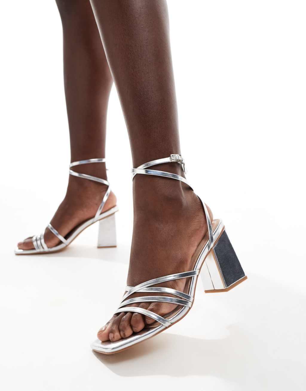 London Rebel Audrey wide fit strappy heeled sandal in silver Product Image