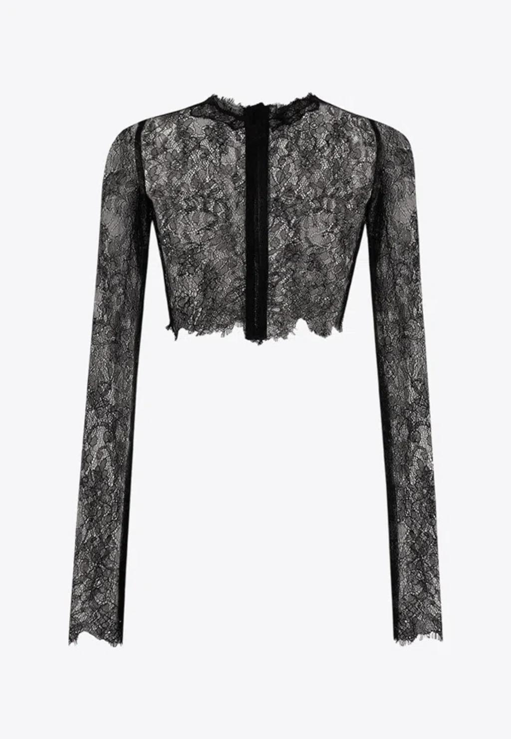 DOLCE & GABBANA Long-sleeve Cropped Chantilly Lace Top In Black Product Image