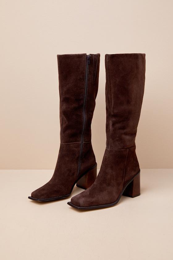 Highness Chocolate Suede Leather Distressed Knee-High Boots Product Image