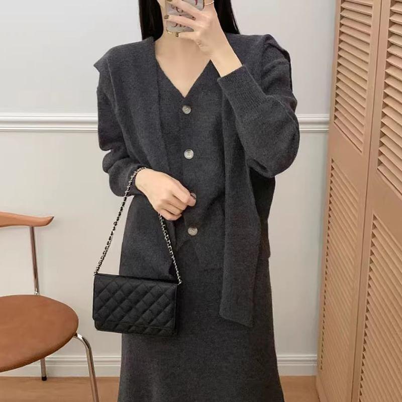 Set: V-Neck Plain Cardigan + Shawl + High Rise Knit Midi A-Line Skirt Product Image