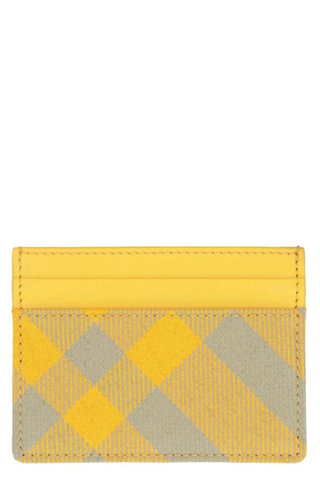 BURBERRY Leather And Checked Fabric Card Holder In Yellow Product Image