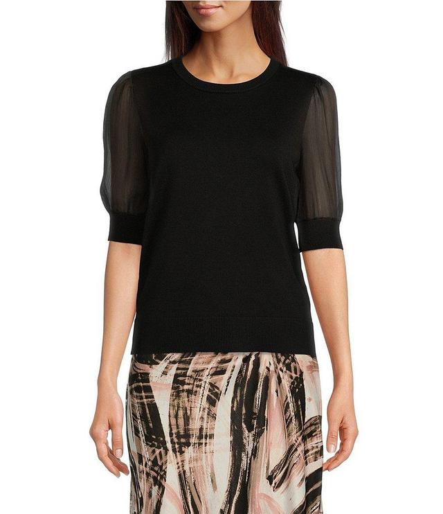 DKNY Short Illusion Puff Sleeve Mixed Media Top Product Image