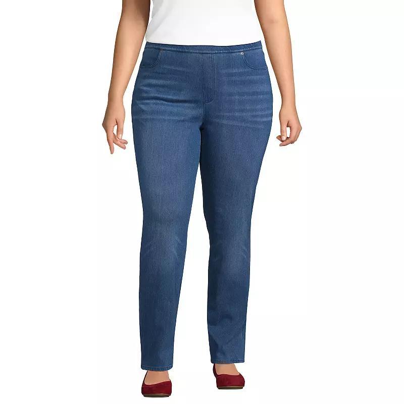 Plus Size Lands End Starfish Mid-Rise Pull-On Knit Straight-Leg Jeans, Womens Dark Blue Product Image