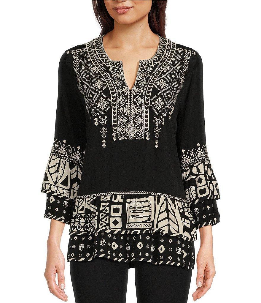 John Mark Geometric Embroidered Split Neck 3/4 Flounce Sleeve Merrow Edge Woven Tunic product image