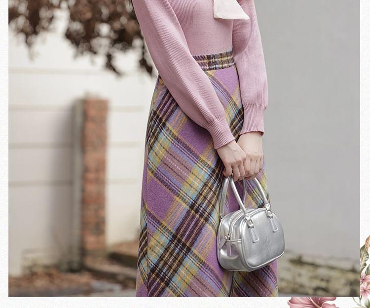 Set: Ribbon Neck Plain Sweater + High Waist Plaid Maxi A-Line Skirt Product Image