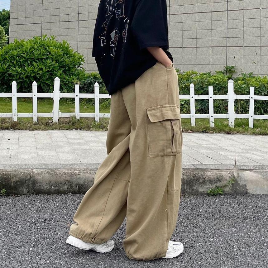 Elasticated Waist Wide-leg Cargo Pants Product Image