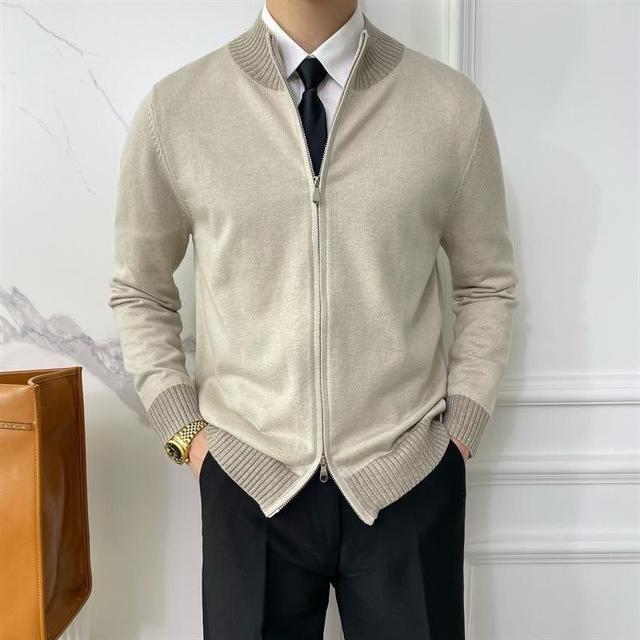 Stand Collar Contrast Trim Zip-Up Cardigan Product Image