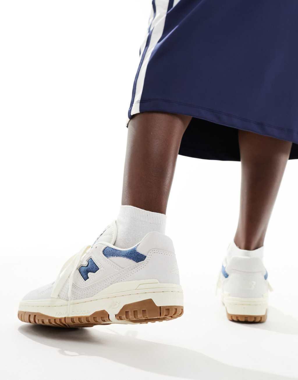 New Balance 550 gum sole sneakers in white with denim blue detail Product Image