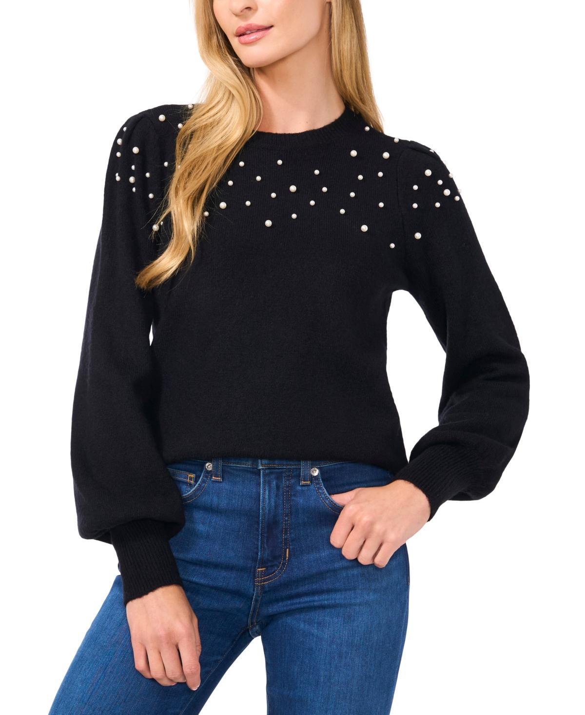 CeCe Womens Scattered-Pearl Crewneck Sweater Product Image