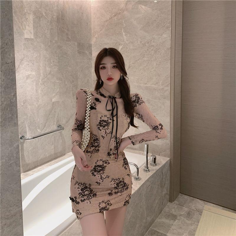 Stand Collar Floral Print Tie Front Slit Lace Mini Bodycon Dress Product Image