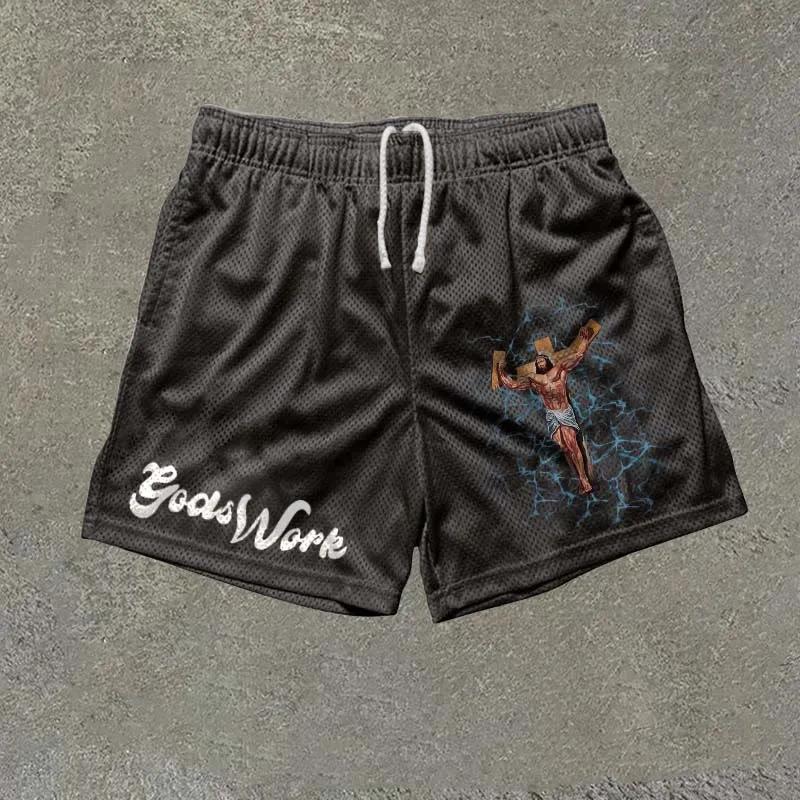 Sopula God's Work Print Casual Street Mesh Shorts Product Image