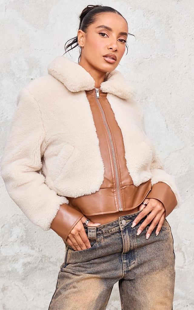 Cream Plush Faux Fur Contrast Faux Leather Zip Up Jacket Product Image